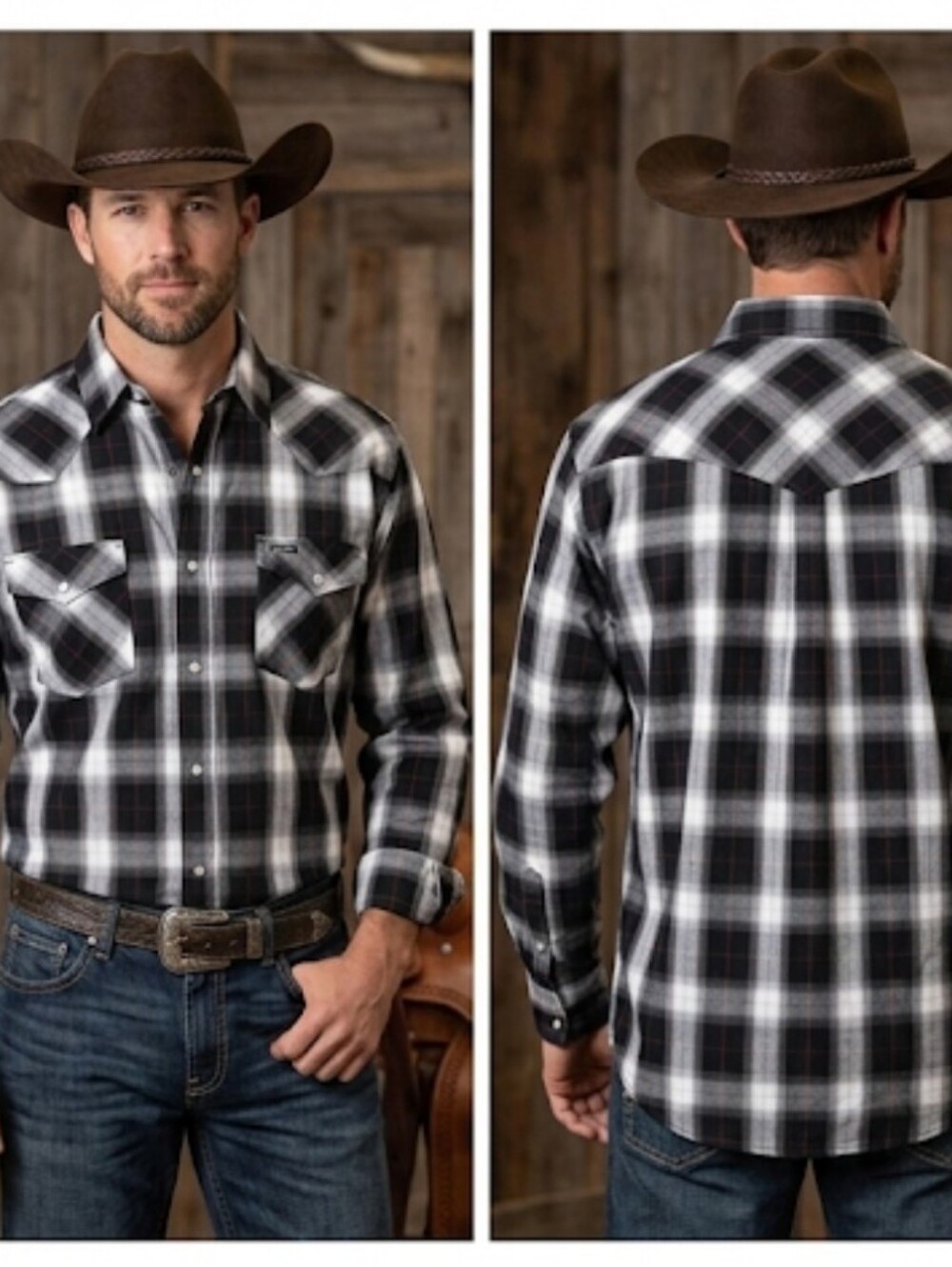 Roper western Shirt L black white Window Pane plaid